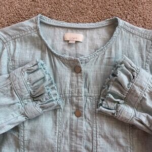 LOFT Linen Blend Jacket LRG Light Blue/Green Ruffle Sleeve Button Front EUC